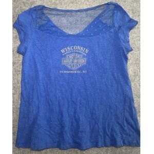 Harley-Davidson Wisconsin Graphic Tee Large Blue Mesh Polka Dot Slub Knit